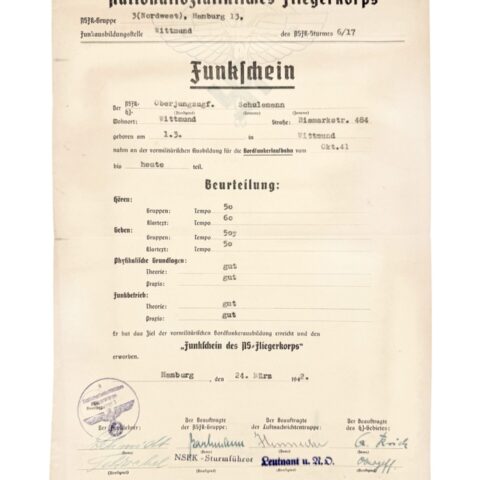 Duits NSFK (Fliegerkorps) boordradio diploma (Funkschein) 1942