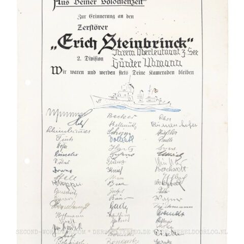 Duitse Kriegsmarine herinneringsdocument aan de torpedobootjager Erich Steinbrinck 1945