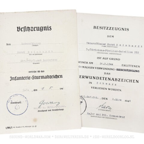 Duitse oorkondes Infanterie Sturmabzeichen 1943 en gewondenbadge (Verwundetenabzeichen) zwart 1944