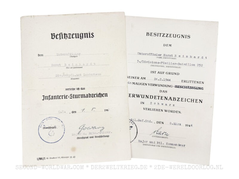Duitse oorkondes Infanterie Sturmabzeichen 1943 en gewondenbadge (Verwundetenabzeichen) zwart 1944